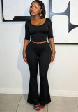 Women’s Sexy Tight Fitting U Neck Three Quarter Sleeve Crop Top High Waist Butt Lift Bell Bottom Yoga Sports Set