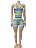 Women’s Sexy Slim Fit Striped V Neck Low Back Halter Neck Color Block Athletic Jumpsuit