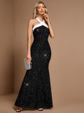 Women’s Black Sequin Long Dress Halter Neck Chic Patchwork Evening Dress
