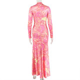 Women’s High Neck Print Long Sleeve Slim Fit Bodycon High Slit Chic Long Dress
