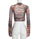 Women’s Tiger Print Mesh Deep V Neck Bell Bottom Long Sleeve Lace Up Wrap Shirt