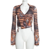 Women’s Tiger Print Mesh Deep V Neck Bell Bottom Long Sleeve Lace Up Wrap Shirt