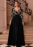 Women’s Gold Leaf Embroidered Black Velvet V Neck Long Sleeve Slim Waist Wedding Evening Long Dress