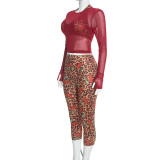 Women’s Leopard Print Sexy Vest Long Sleeve Top Pants Three Piece Set