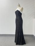 Women’s Black Sequin Long Dress Halter Neck Chic Patchwork Evening Dress