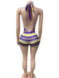 Women’s Sexy Slim Fit Striped V Neck Low Back Halter Neck Color Block Athletic Jumpsuit