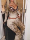 Women’s Casual Sexy Slim Fit Leopard Print Zip Up Hooded Top Slim Fit Pants Set