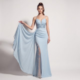 Women’s Formal Party Strap Satin Beaded Chiffon Mesh Split Long Dress