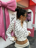 Women’s Y2K Polka Dot Stand Collar Long Sleeve Crop Zip Up Slim Fit Top