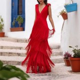 Women’s Spring Chic Solid Red Tassel Slim Fit Dress