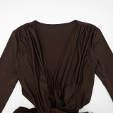 Women’s Fall Winter Solid Color Deep V Cowl Neck Open Waist Long Sleeve Bodycon Mini Dress