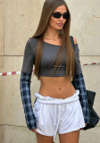 Women’s American Streetwear Slash Shoulder Plaid Patchwork Long Sleeve Asymmetrical Neck Crop Top
