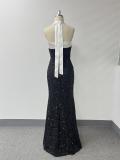 Women’s Black Sequin Long Dress Halter Neck Chic Patchwork Evening Dress