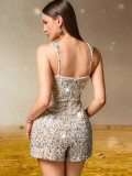 Women’s Sexy Low Back Sequin Strap Jumpsuit Shorts Romper