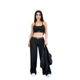 Women’s Fall Winter Chic Casual Embroidered Vest Wide Leg Pants Three Piece Set