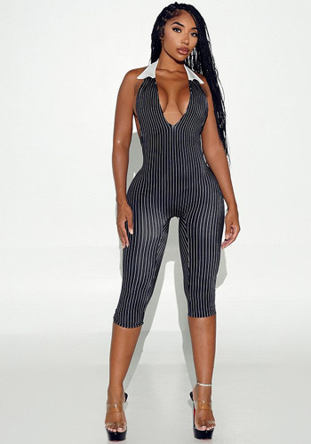Women’s Sexy Low Cut Sleeveless Color Block Slim Fit Halter Neck Jumpsuit