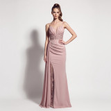 Women’s Formal Party Strap Satin Beaded Chiffon Mesh Split Long Dress