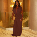 Women’s Plus Size Deep V Neck Sleeveless Pleated Slim Waist Chic Formal Party Long Dress