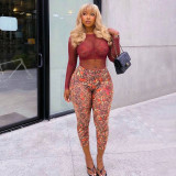 Women’s Leopard Print Sexy Vest Long Sleeve Top Pants Three Piece Set