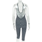 Women’s Sexy Low Cut Sleeveless Color Block Slim Fit Halter Neck Jumpsuit