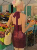 Women’s Sexy Low Back Halter Neck Sequin Mini Dress Party Cocktail Dress