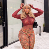 Women’s Leopard Print Sexy Vest Long Sleeve Top Pants Three Piece Set