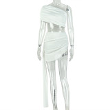 Women’s Solid Color Slim Fit Pleated Slash Shoulder One Shoulder Two Piece Skirt Set