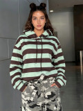 Women’s American Streetwear Color Block Striped Hooded Oversized Drawstring Pullover Hoodie