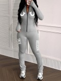 Women’s Streetwear Letter Print Zip Up Long Sleeve Top Yoga Slim Fit Pants Set