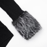 Women’s Fall Winter Solid Color Sexy Faux Fur Collar Patchwork Long Sleeve Tight Fitting Jumpsuit