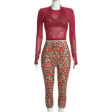 Women’s Leopard Print Sexy Vest Long Sleeve Top Pants Three Piece Set