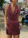 Women’s Sexy Low Back Halter Neck Sequin Mini Dress Party Cocktail Dress