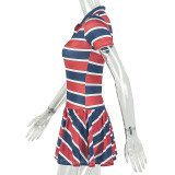 Women’s Color Block Red Black Striped Bodycon Slim Waist V Neck Casual Short Dress