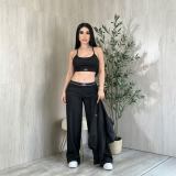 Women’s Fall Winter Chic Casual Embroidered Vest Wide Leg Pants Three Piece Set