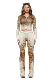 Women’s Casual Sexy Slim Fit Leopard Print Zip Up Hooded Top Slim Fit Pants Set