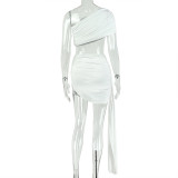 Women’s Solid Color Slim Fit Pleated Slash Shoulder One Shoulder Two Piece Skirt Set