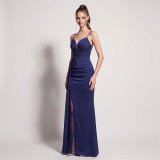 Women’s Formal Party Strap Satin Beaded Chiffon Mesh Split Long Dress