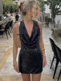 Women’s Sexy Low Back Halter Neck Sequin Mini Dress Party Cocktail Dress