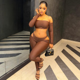 Women’s Sexy Off Shoulder Solid Color Cutout Bodycon Long Pants Two Piece Streetwear Set