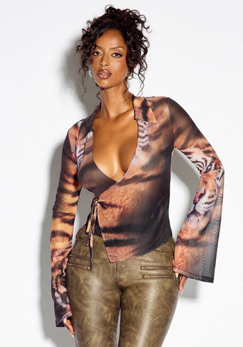 Women’s Tiger Print Mesh Deep V Neck Bell Bottom Long Sleeve Lace Up Wrap Shirt