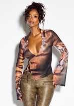 Women’s Tiger Print Mesh Deep V Neck Bell Bottom Long Sleeve Lace Up Wrap Shirt Women’s Tiger Print Mesh Deep V Neck Bell Bottom Long Sleeve Lace Up Wrap Shirt