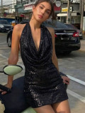 Women’s Sexy Low Back Halter Neck Sequin Mini Dress Party Cocktail Dress