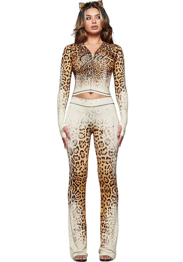 Women’s Casual Sexy Slim Fit Leopard Print Zip Up Hooded Top Slim Fit Pants Set