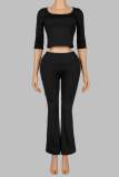 Women’s Sexy Tight Fitting U Neck Three Quarter Sleeve Crop Top High Waist Butt Lift Bell Bottom Yoga Sports Set