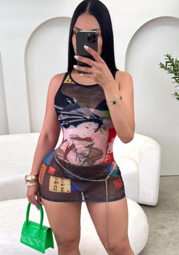 Women’s Casual Chic Slim Fit Print Sleeveless Bodycon Dress