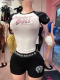 Women’s American Letter Print Color Block Short Sleeve Top Low Rise Sports Shorts Two Piece Set