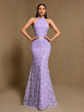 Women’s Halter Neck Lace Up Back Slim Fit Mermaid Long Dress Formal Party Evening Dress