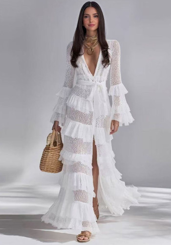 Women’s Spring Chic Solid Color Elegant White Tiered Evening Dress