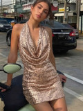 Women’s Sexy Low Back Halter Neck Sequin Mini Dress Party Cocktail Dress