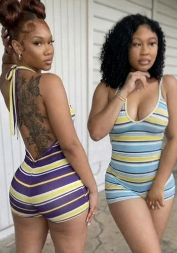 Women’s Sexy Slim Fit Striped V Neck Low Back Halter Neck Color Block Athletic Jumpsuit